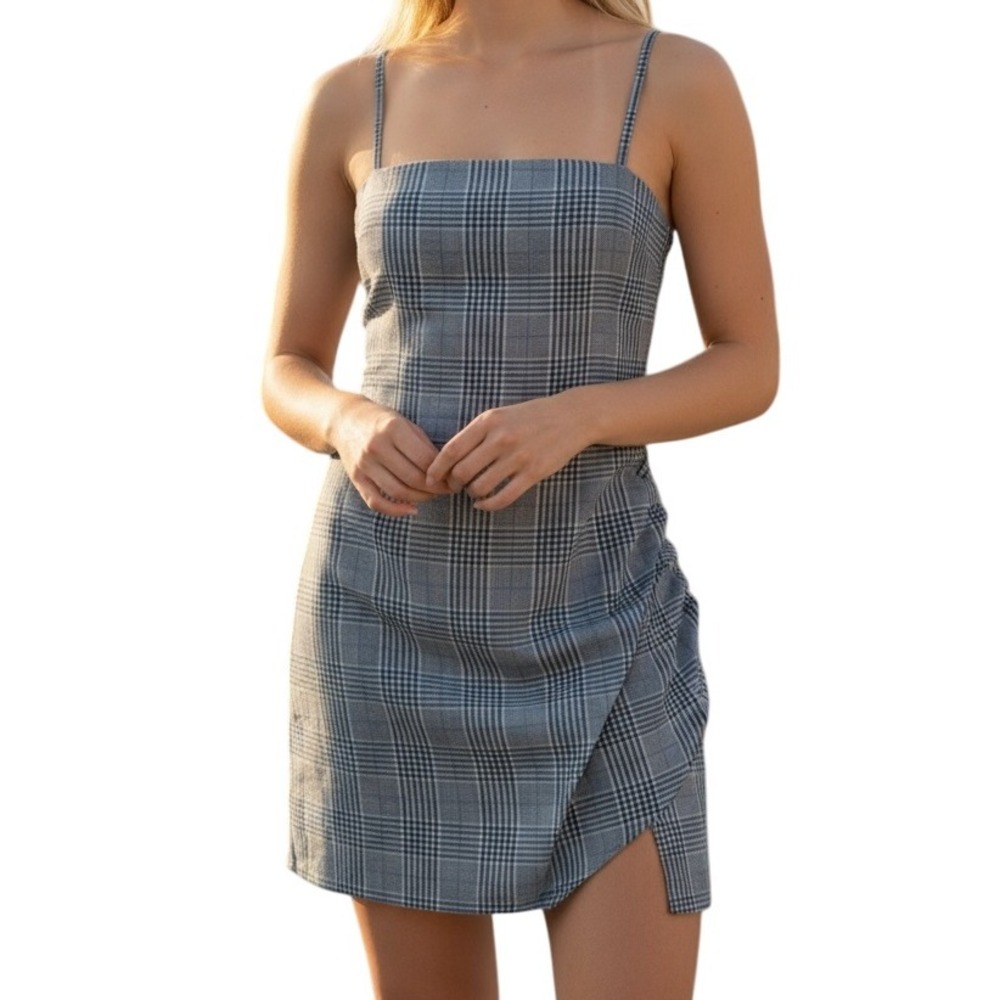 LOVERS + FRIENDS Cobalt Blue and White Plaid Gathered Button Side Dress NWOT XXS